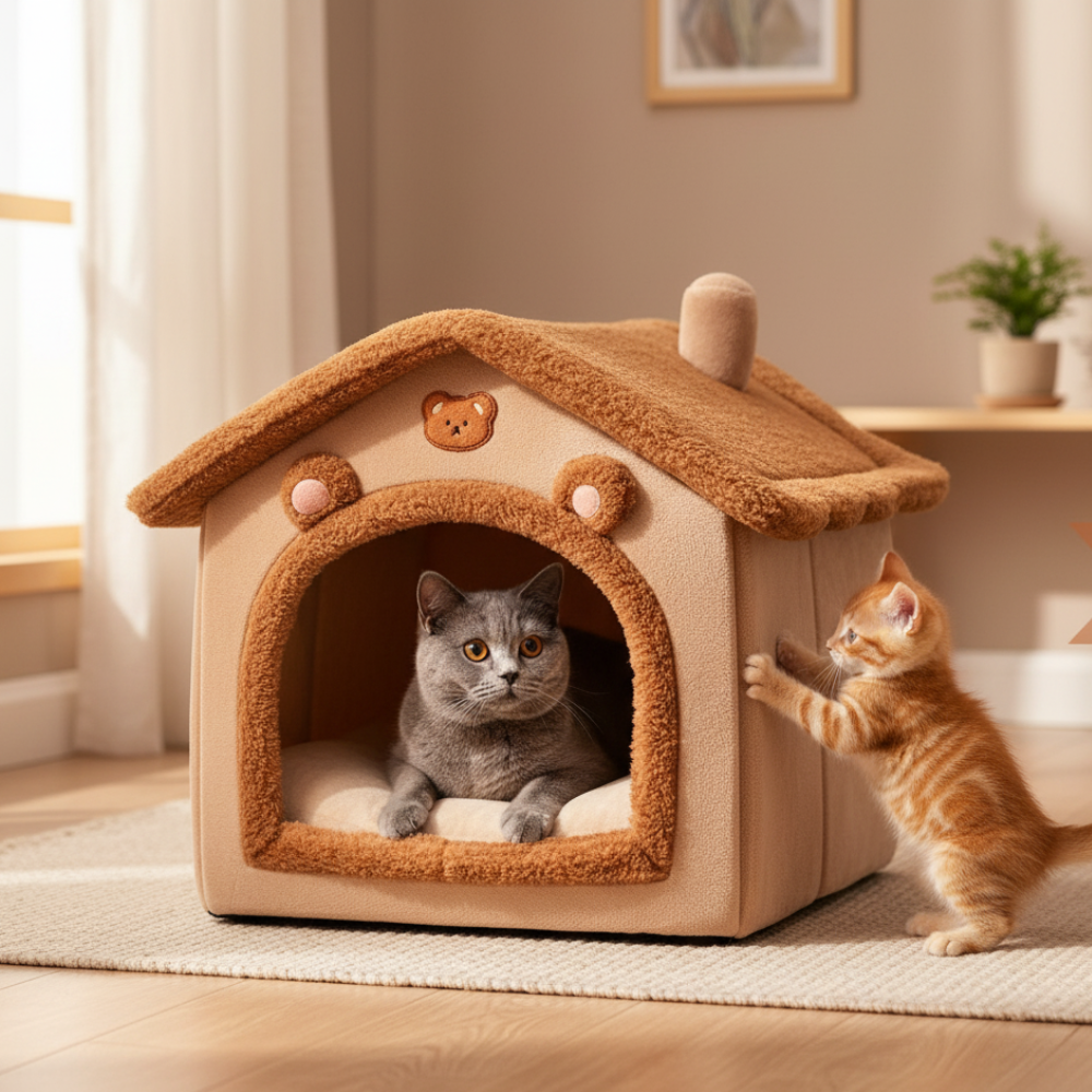 Beer-Vormig Kattenhuis | Opvouwbaar met Afneembaar Kussen